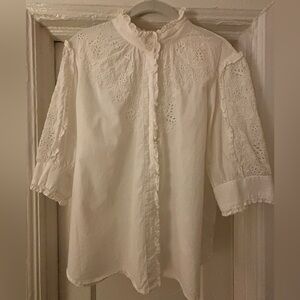 J. Crew White Lace Cotton Buttondown Blouse, size L